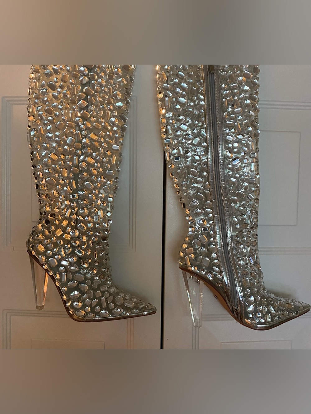 Crystal-Studded Silver Stiletto Knee Boots - Women's